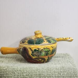 Vintage Mexican Folk Art Lidded Salsa Dish w Spoon Hand Painted
